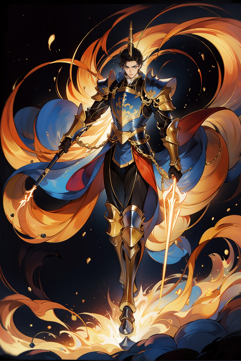 1BOY,paladin,full armor,golden,epic skin,black hair,(dynamic pose:1.2),(from above:1),(full body:1),(zooming out:1.2),(masterpiece:1.2),(best quality, highest quality),(ultra detailed),(8k, 4k, intricate),(full body:1.2),<lora:GF:0.65>,<lora:lightline_v2.0:0.6>,