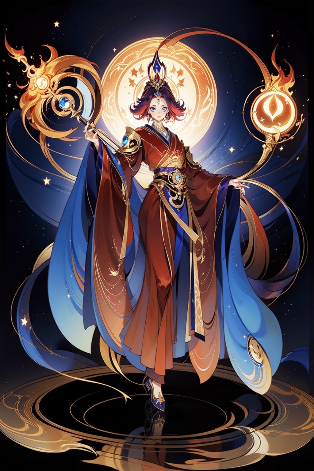 A female magician wearing a purple red robe stood in the center of the formation,with waist length golden hair and blue eyes focused and mysterious. She wore a gemstone belt around her waist and held a long staff inlaid with sapphires. She raised her hands above her head,reciting a spell to cast magic,and a blue flame erupted from the tip of her wand. Her legs are straight,and ten fingers with red nail polish gather magic. She stood inside a tall stone tower,surrounded by dim light,with magnificent magic circles carved on the floor,(full body:1.2),<lora:GF:0.65>,<lora:lightline_v2.0:0.6>,<lora:HB:0.2>,