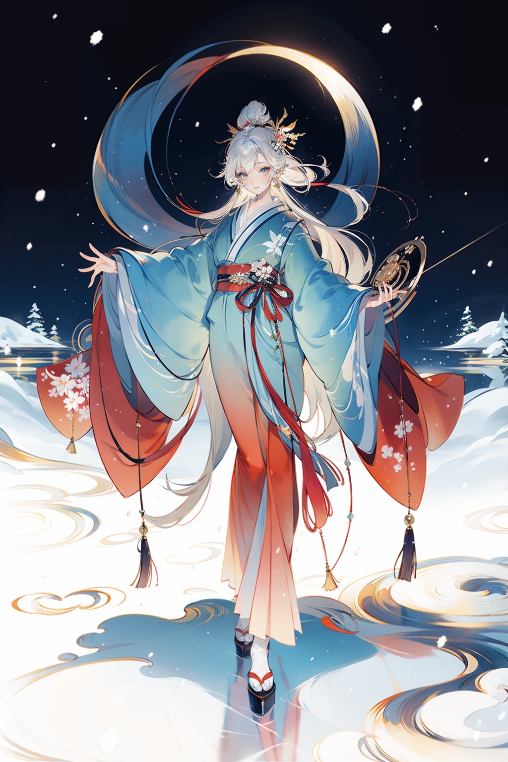 1girl,white eyes,white hair,japanese clothes,long hair,solo,snow,kimono,hair ornament,full body,grey eyes,standing,snowing,looking at viewer,full body,<lora:GF:0.65>,<lora:lightline_v2.0:0.6>,