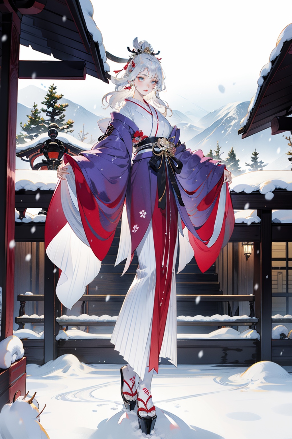 1girl,white eyes,white hair,japanese clothes,long hair,solo,snow,kimono,hair ornament,full body,grey eyes,standing,snowing,looking at viewer,full body,<lora:GF:0.65>,<lora:lightline_v2.0:0.6>,