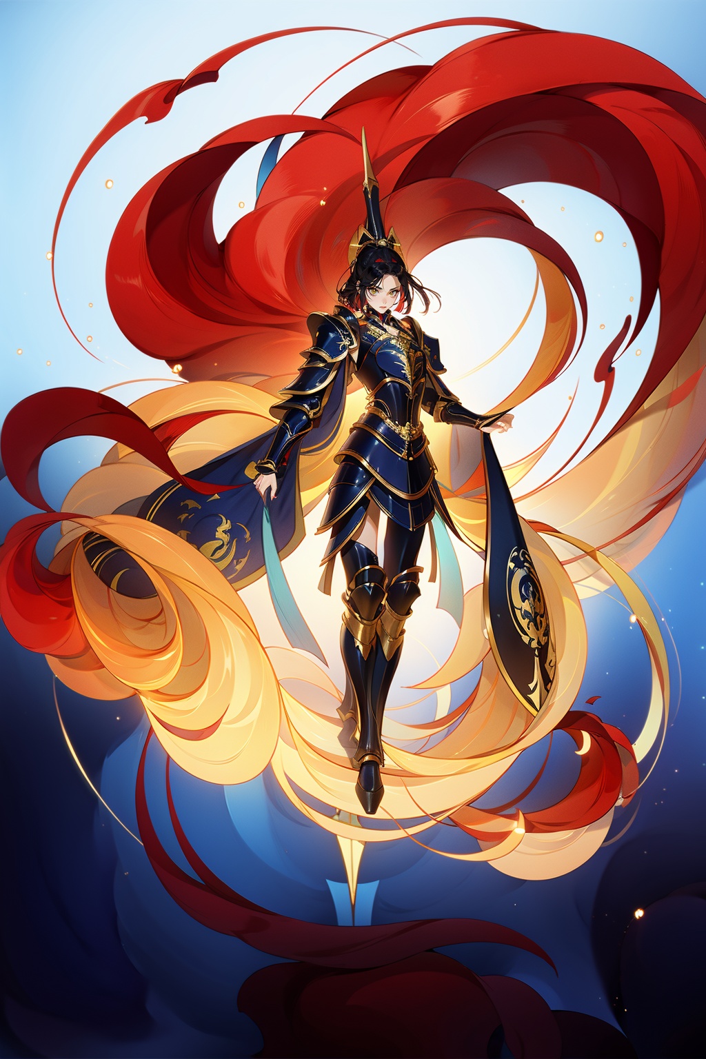 1girl,paladin,full armor,golden,epic skin,black hair,(dynamic pose:1.2),(from above:1),(full body:1),(zooming out:1.2),(masterpiece:1.2),(best quality, highest quality),(ultra detailed),(8k, 4k, intricate),,(full body:1.2),<lora:GF:0.65>,<lora:lightline_v2.0:0.6>,<lora:HB:0.2>,