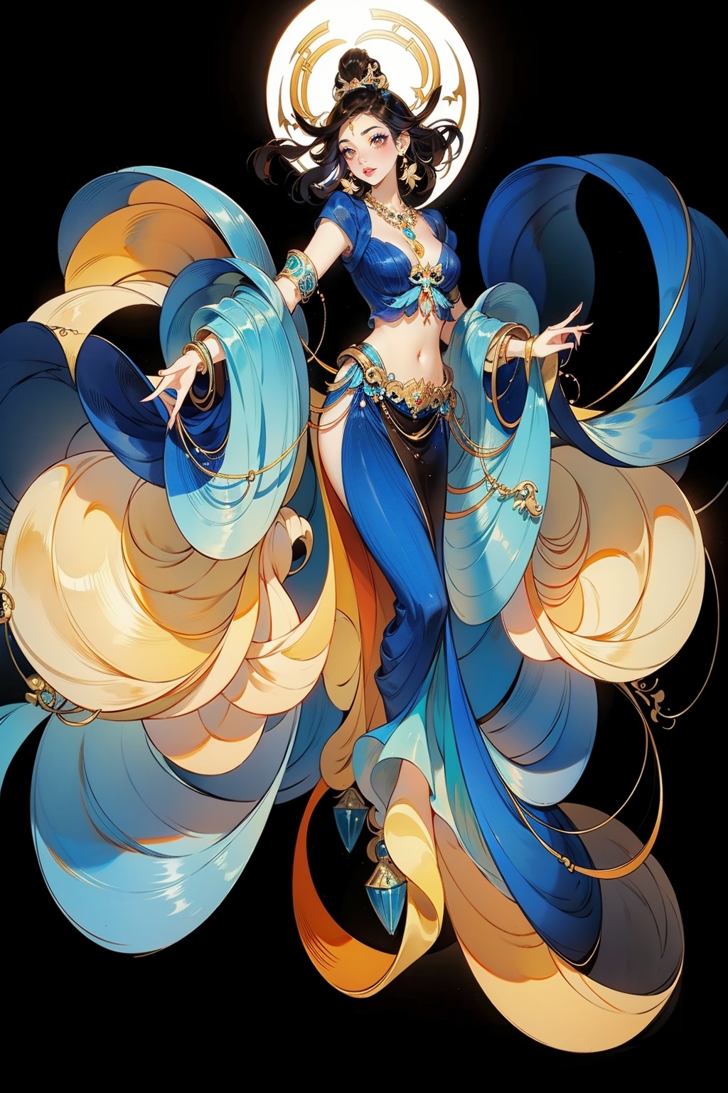 best quality,masterpiece,ultra high res,highres,illustration. media,delicate,8k wallpaper,soft light,official art,professional lighting,photon mapping,radiosity,physically-based rendering,1girl,beads,black hair,blue background,bracelet,breasts,brown eyes,chinese clothes,cleavage,earrings,hair ornament,jewelry,lips,lipstick,makeup,medium breasts,midriff,navel,necklace,solo,(full body:1.2),<lora:GF:0.65>,<lora:lightline_v2.0:0.6>,