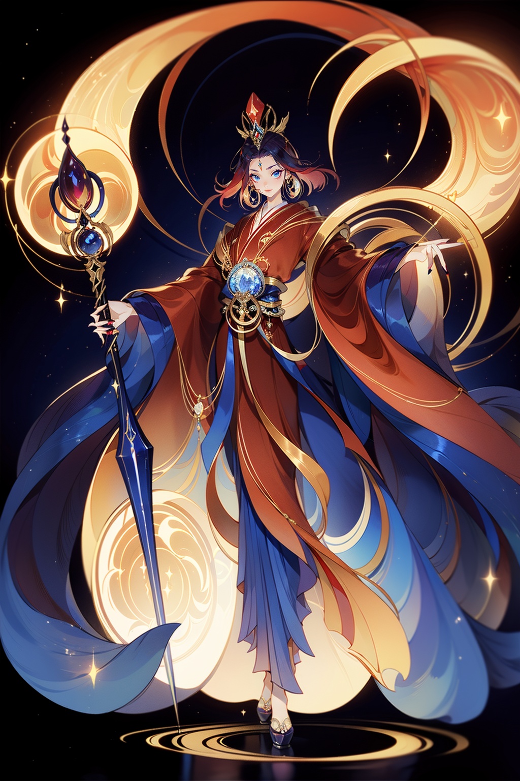 A female magician wearing a purple red robe stood in the center of the formation,with waist length golden hair and blue eyes focused and mysterious. She wore a gemstone belt around her waist and held a long staff inlaid with sapphires. She raised her hands above her head,reciting a spell to cast magic,and a blue flame erupted from the tip of her wand. Her legs are straight,and ten fingers with red nail polish gather magic. She stood inside a tall stone tower,surrounded by dim light,with magnificent magic circles carved on the floor,(full body:1.2),<lora:GF:0.65>,<lora:lightline_v2.0:0.6>,<lora:HB:0.2>,
