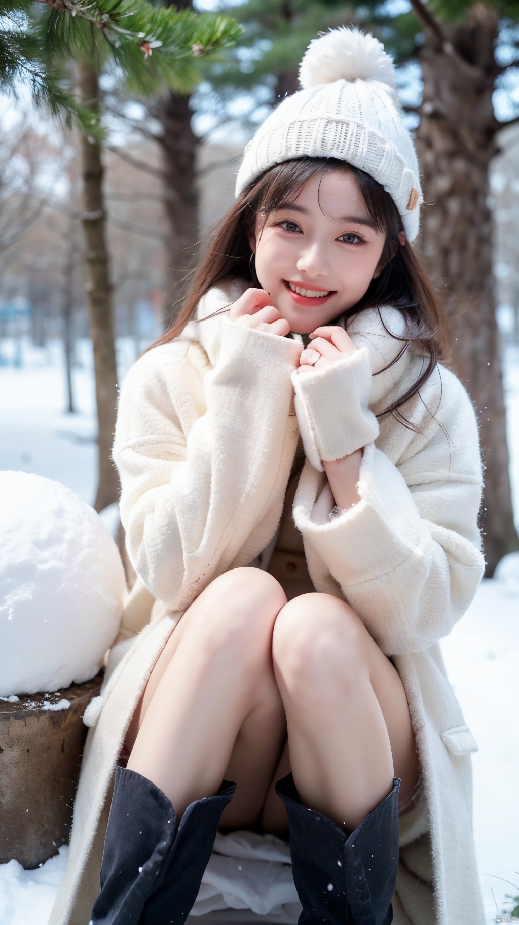  1girl, snowy winter wonderland, frosty trees and ground covered in snow, steam rising from her breath as she exhales, woolen coat and scarf to protect from the cold weather. Snow boots on her feet. Cute hat on her head. Joyful expression on her face as she builds a snowman. Photo of a cute 24 years old winter sports enthusiast girl. Cinematic shot with soft focus on her face. Warm colors in the background. Cute face looking at viewer., light master