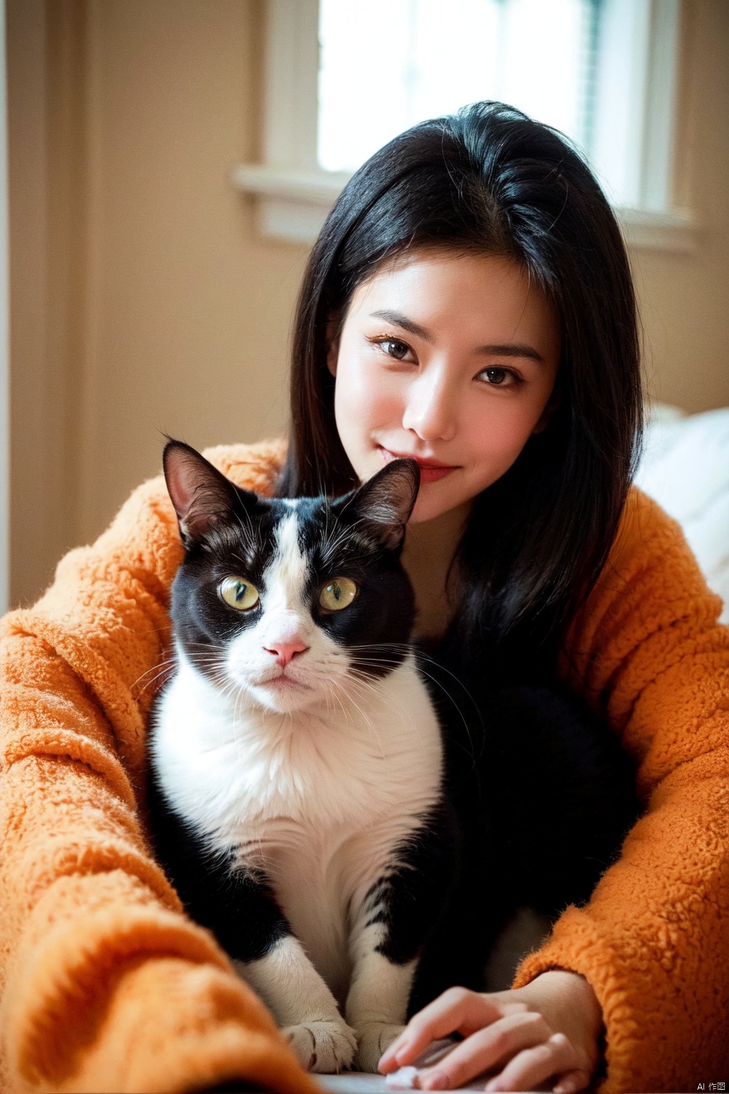  Certainly! Upon examining the image, I would describe it as a warm and inviting portrait of a young woman cuddling with her orange cat. The lighting is soft and diffused, creating a sense of comfort and relaxation. The color palette is rich and vibrant, with the woman's pink shirt and the cat's orange fur providing a pleasing contrast.
From a compositional standpoint, the image is well-balanced, with the subject's gaze directing the viewer's attention towards her. The woman's smile and the cat's gentle nuzzle create a sense of affection and contentment. The quality of the image is excellent, with sharp focus on both the woman and the cat, and no distractions in the background.
In terms of style, I would say that the image is a perfect example of a candid portrait. The woman's natural expression and the cat's relaxed posture convey a sense of authenticity and trust. Overall, this image is a beautiful representation of the bond between the woman and her cat, and it would make for a lovely addition to any collection of pet portraits or candid photography.