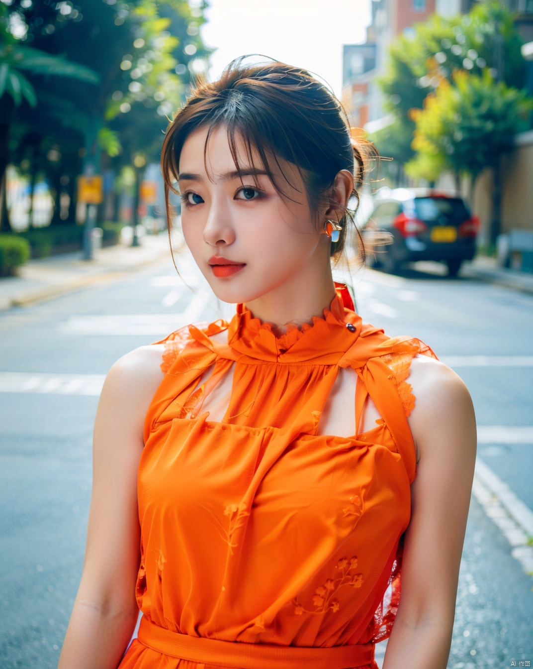  a woman posing on the street corner with light orange dress on, best quality, high res, 8k, 1girl, (huge breasts), day, bright, outdoor, (street:0.8), (people, crowds:1), (lace-trimmed dress:1.5, light orange clothes:1.5, orange high-neck dress:1.5, sleeveless dress, orange dress: 1.5), gorgeous, (medium hair), beautiful detailed sky, beautiful earrings, (dynamic pose:0.8), (upper body:1.2), soft lighting, wind, shiny skin, looking at viewer, 