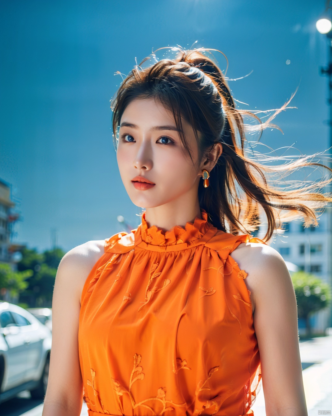  a woman posing on the street corner with light orange dress on, best quality, high res, 8k, 1girl, (huge breasts), day, bright, outdoor, (street:0.8), (people, crowds:1), (lace-trimmed dress:1.5, light orange clothes:1.5, orange high-neck dress:1.5, sleeveless dress, orange dress: 1.5), gorgeous, (medium hair), beautiful detailed sky, beautiful earrings, (dynamic pose:0.8), (upper body:1.2), soft lighting, wind, shiny skin, looking at viewer, 