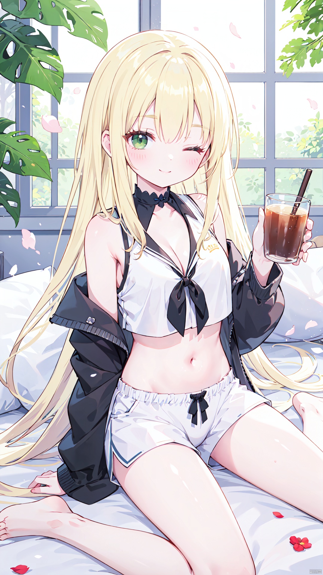 solo, 1girl, one eye closed, long hair, navel, looking at viewer, shorts, breasts, blonde hair, midriff, sitting, smile, shirt, barefoot, wariza, cleavage, off shoulder, cup, sleeveless shirt, stomach, holding, white shirt, bow, short shorts, white shorts, long sleeves, hair bow, sleeveless, open clothes, bare shoulders, very long hair, armpits, green eyes, crop top, open jacket, flower, petals