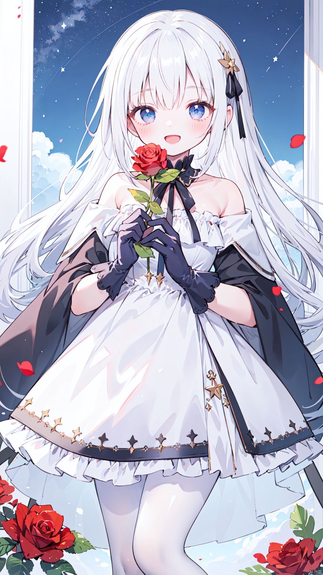 1girl, long hair, solo, gloves, dress, smile, bird, flower, holding, open mouth, white dress, very long hair, white hair, red flower, bangs, blush, looking at viewer, :d, pantyhose, bare shoulders, white pantyhose, rose, blue eyes, holding flower, star \(sky\), starry sky, sky, off-shoulder dress, red rose