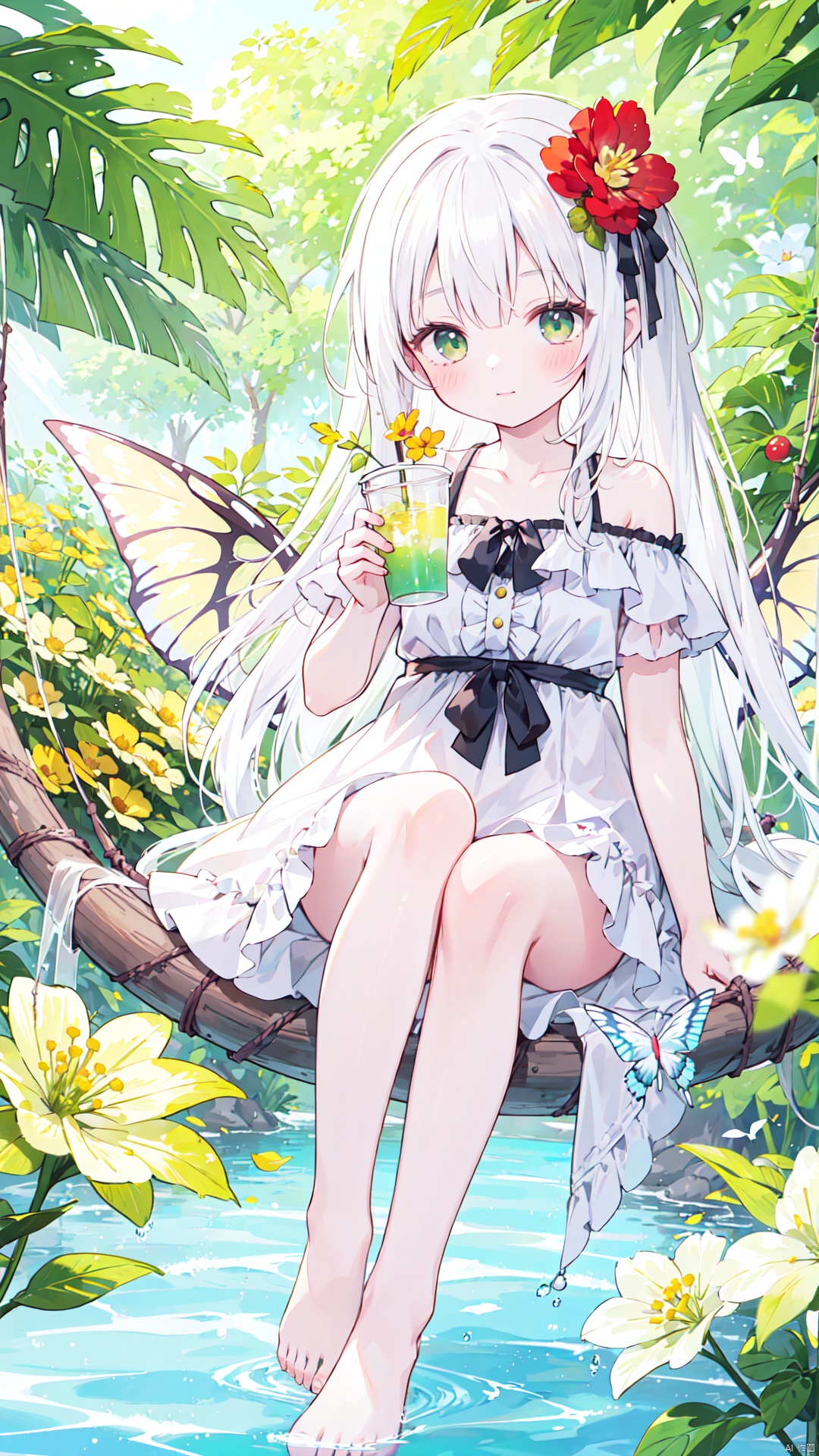 1girl, solo, flower, long hair, drinking straw, hair flower, hair ornament, very long hair, barefoot, yellow flower, red flower, blush, soles, holding, water, looking at viewer, bug, cup, wings, collarbone, bangs, crazy straw, butterfly, white hair, sitting, green eyes, holding cup, bow, hammock, bare shoulders