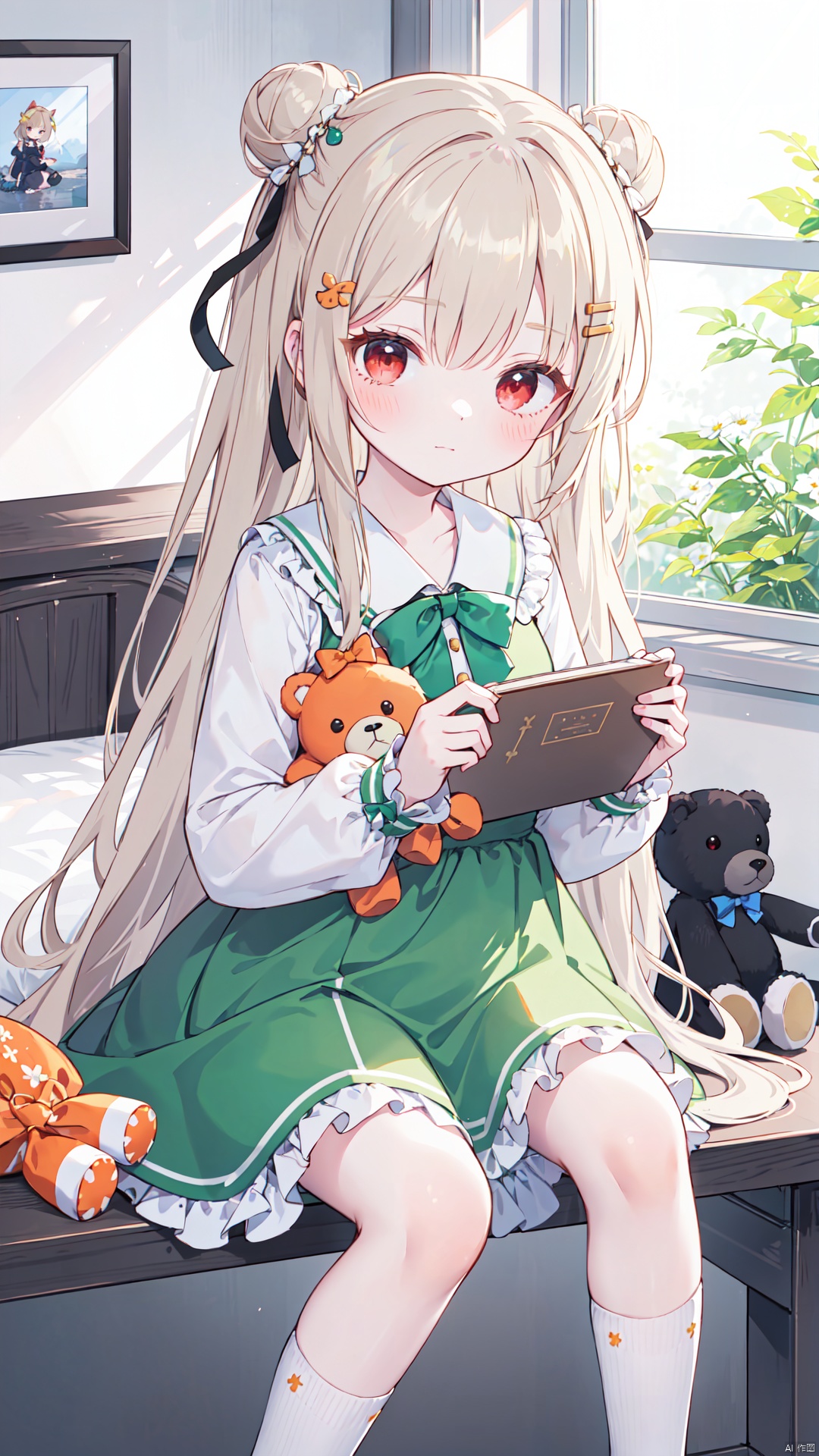 1girl,stuffed animal,stuffed toy,solo,dress,long hair,sitting,looking at viewer,teddy bear,holding stuffed toy,long sleeves,hair ornament,hair bun,bow,green dress,orange bow,plaid,blush,socks,frills,bangs,closed mouth,holding,red eyes,orange bowtie,flower,feet out of frame,ribbon,hair ribbon,single side bun,green bow,brown hair,table,blanket,black ribbon,hairclip,collar,bowtie,