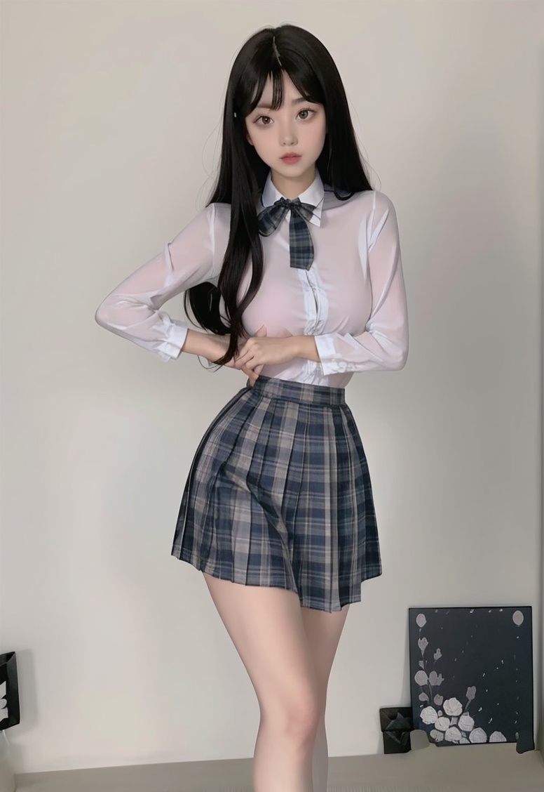 (masterpiece, best quality:1.4),finely detailed,1girl,solo,pale skin,perfect body,standing,(medium breasts:1.2),<lora:killer性感JK格子裙制服v1.0-000008:0.8>,shirt,skirt,bow,killer,greenskirt,front view,