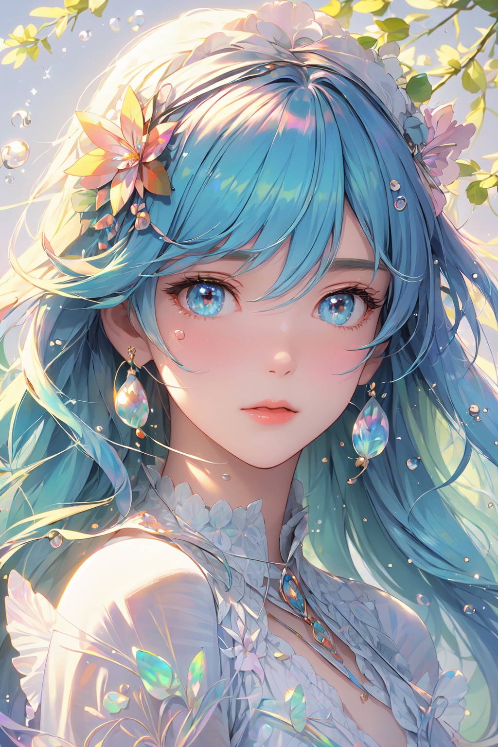 (((masterpiece))),((extremely detailed CG unity 8k wallpaper)),best quality,high resolution illustration,Amazing,highres,(best illumination, best shadow, an extremely delicate and beautiful),Colorful colors,mother of pearl iridescence,1girl,anime girl and blue hairs, upper body,wallpaper, 3d wallpapers, in the style of colorful, eye-catching compositions, ephraim moses lilien, delicate flora depictions, realistic depiction of light, glittery and shiny, detailed facial features,bubble,<lora:digital_colorful:0.8>