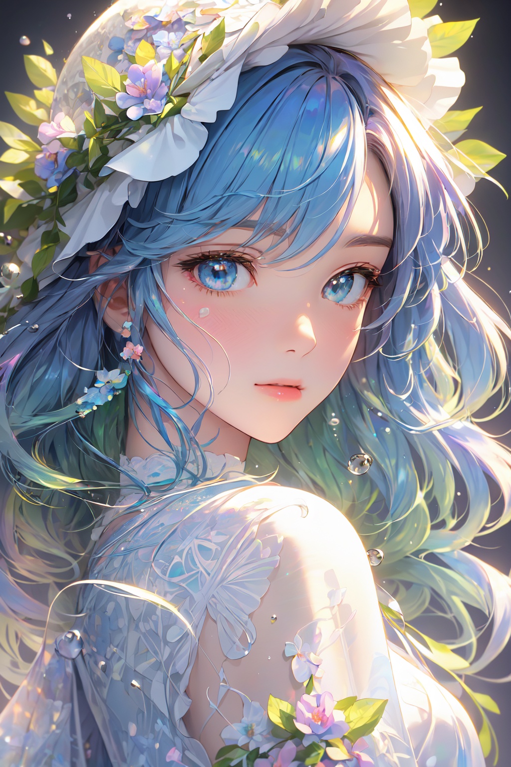 (((masterpiece))),((extremely detailed CG unity 8k wallpaper)),best quality,high resolution illustration,Amazing,highres,(best illumination, best shadow, an extremely delicate and beautiful),Colorful colors,mother of pearl iridescence,1girl,anime girl and blue hairs, upper body,wallpaper, 3d wallpapers, in the style of colorful, eye-catching compositions, ephraim moses lilien, delicate flora depictions, realistic depiction of light, glittery and shiny, detailed facial features,bubble,<lora:digital_colorful:0.8>