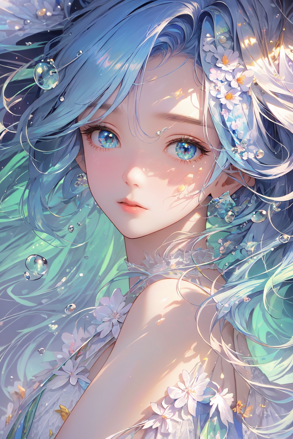(((masterpiece))),((extremely detailed CG unity 8k wallpaper)),best quality,high resolution illustration,Amazing,highres,(best illumination, best shadow, an extremely delicate and beautiful),Colorful colors,mother of pearl iridescence,1girl,anime girl and blue hairs, ((a full body)),wallpaper, 3d wallpapers, in the style of colorful, eye-catching compositions, ephraim moses lilien, delicate flora depictions, realistic depiction of light, glittery and shiny, detailed facial features,bubble,Wide-angle lens,<lora:digital_colorful:0.8>
