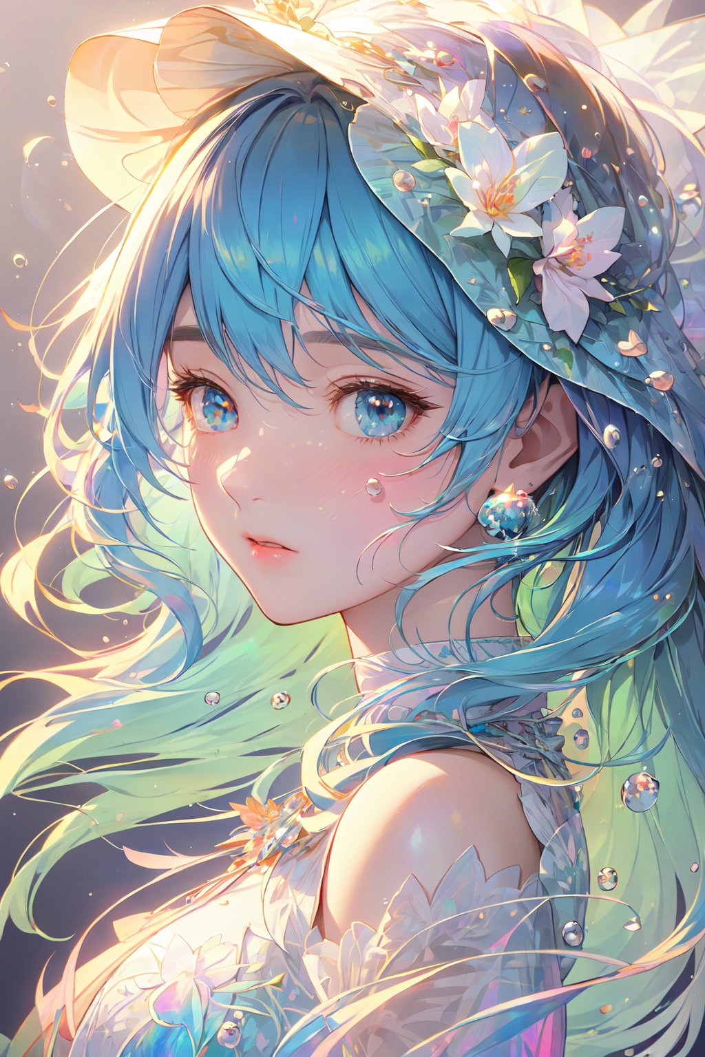 (((masterpiece))),((extremely detailed CG unity 8k wallpaper)),best quality,high resolution illustration,Amazing,highres,(best illumination, best shadow, an extremely delicate and beautiful),Colorful colors,mother of pearl iridescence,1girl,anime girl and blue hairs, upper body,wallpaper, 3d wallpapers, in the style of colorful, eye-catching compositions, ephraim moses lilien, delicate flora depictions, realistic depiction of light, glittery and shiny, detailed facial features,bubble,<lora:digital_colorful:0.8>
