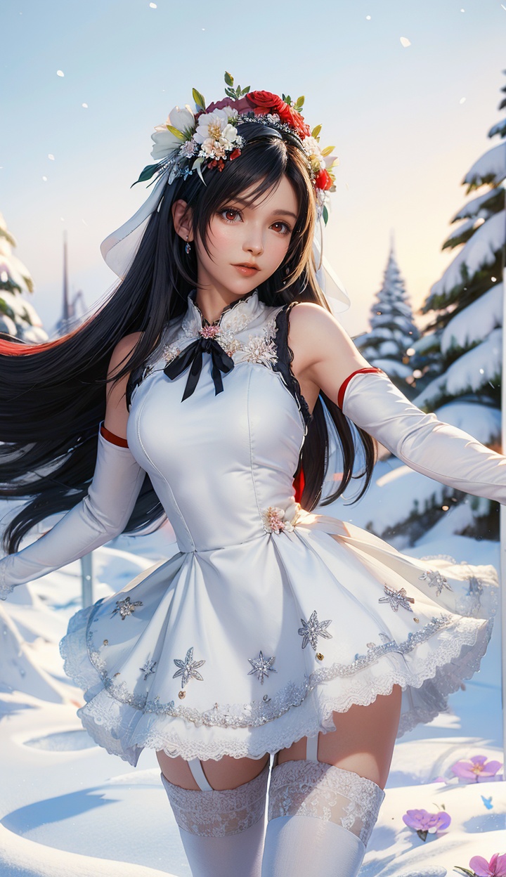masterpiece,highres,1girl,solo,red eyes,long hair,black hair,sfw,<lora:add_detail:0.3>,thighhighs,((beautiful Dress+stocking):1.25),((flower headdress:1.45)),((white theme:1.5)),snow,outdoors,snowflakes,sleeveless,3D graphics,looking_at_viewer,tifa,<lora:tifa-000005:0.7>,