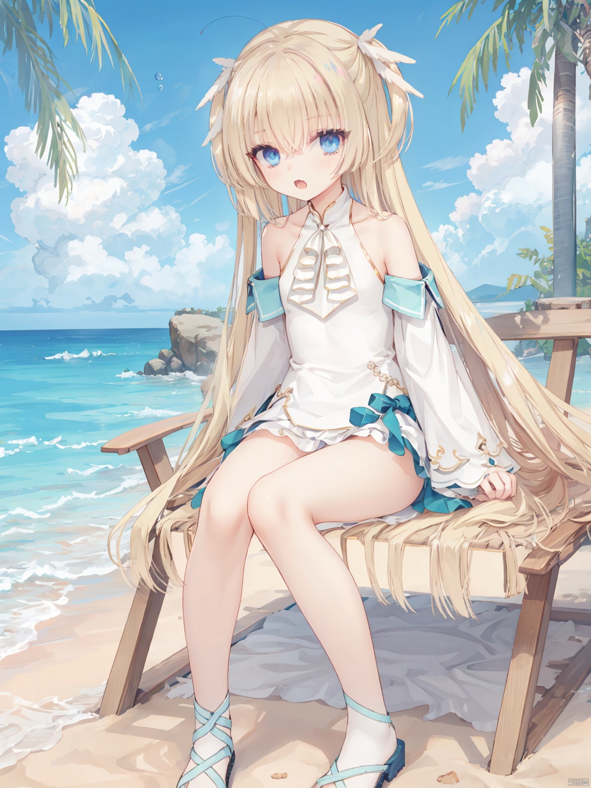  1girl, swimsuit, solo, sliver hair, ponytail, looking at viewer, butterfly hair bow, sandals, blue eyes, bangs, blush, shirt, beach, open mouth, bubble, white shirt, off shoulder, knees up, outdoors, sand, breasts, hair between eyes, halterneck, small breasts, long hair, water, short sleeves, bare shoulders, bikini under clothes, white footwear, skin fang, hairclip, jewelry,