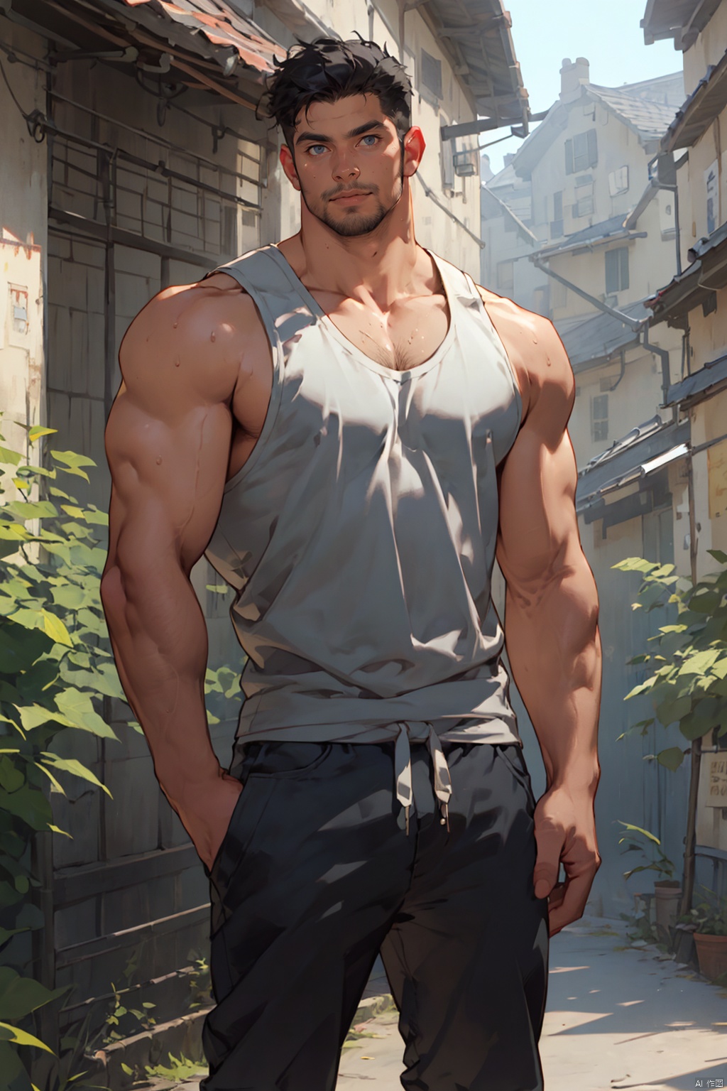 best quality, amazing quality, very aesthetic, absurdres,1man,solo,muscular male,looking at viewer, stubble, standing,**** top,warming,black hair,