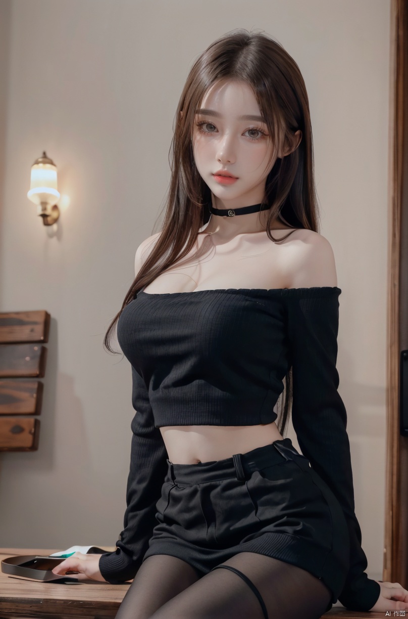  DSLR,(Good structure), HDR, UHD, 8K, A real person, (masterpiece:1.21),(best quality:1.331),((ultra-detailed)),((extremely best illustration)),((amazing)),1girl,Black tight sweater, off the shoulder, with straps, sitting,, black choker,cleavage, , blackpantyhose,,brown-hair, , Detail, tasha, 1girl