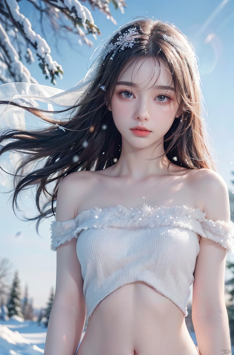  ((((ink))),((watercolor)),world masterpiece theater, ((best quality)),depth of field,((illustration)),(1 girl),anime face,medium_breast,floating,beautiful detailed sky,looking_at_viewers,an detailed organdie dress,very_close_to_viewers,bare_shoulder,golden_bracelet,focus_on_face,messy_long_hair,veil,upper_body,,lens_flare,light_leaks,bare shoulders,detailed_beautiful_Snow Forest_with_Trees, spirit,grey_hair,White clothes,((Snowflakes)),floating sand flow,navel,(beautiful detailed eyes), (8k_wallpaper), , , Detail,  tasha