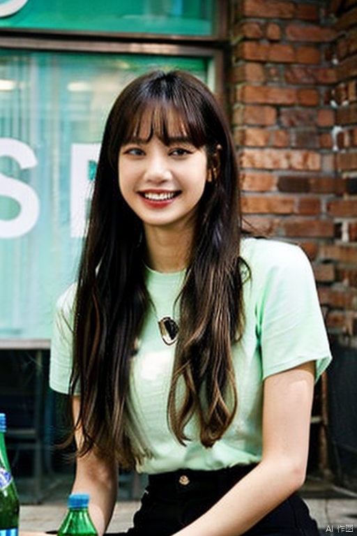  a woman with long hair and a green shirt smiling at the camera with a bottle of beer in her hand