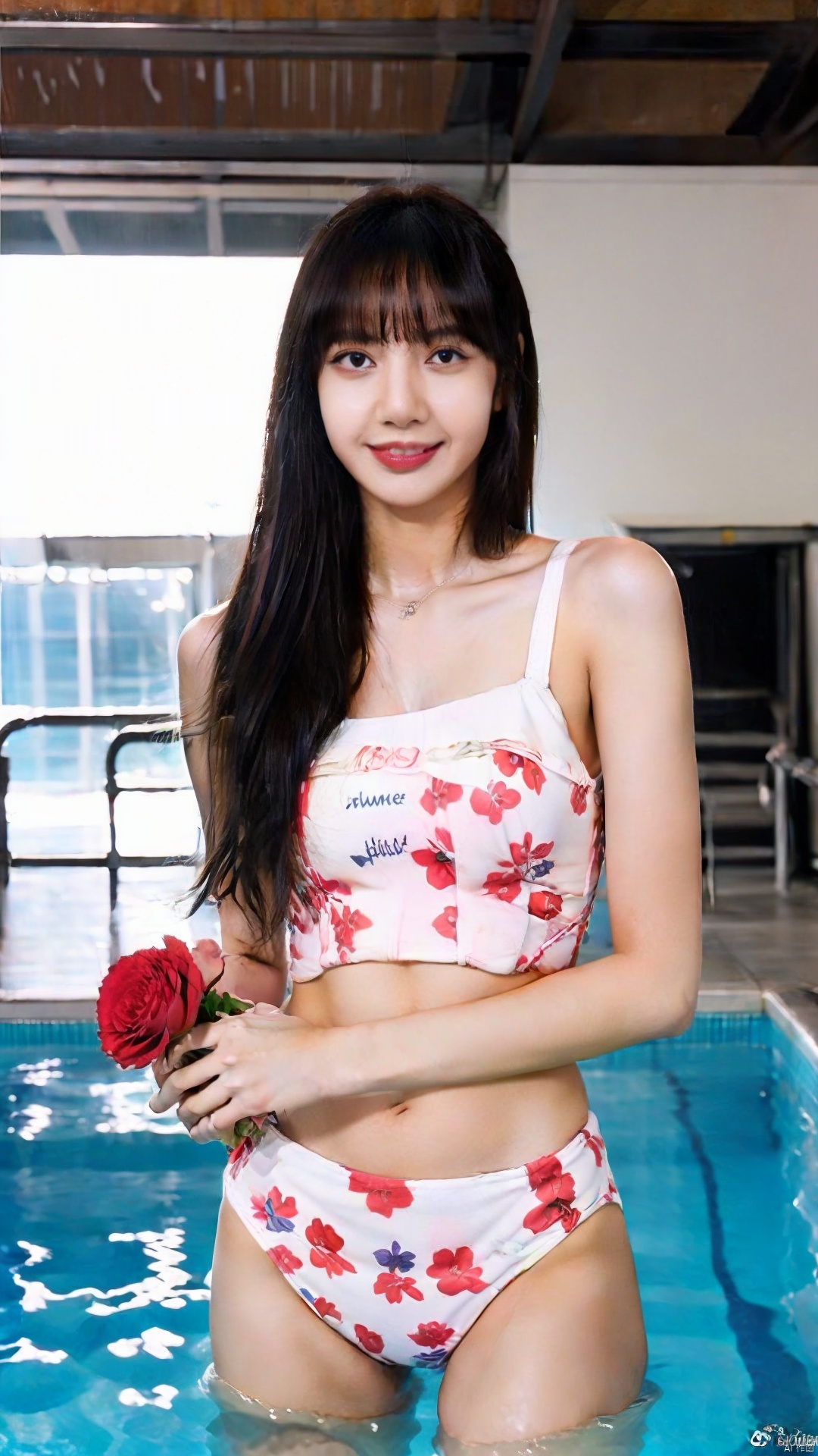 The image features a beautiful young woman standing in a swimming pool. She is wearing a pink one-piece swimsuit with a un...