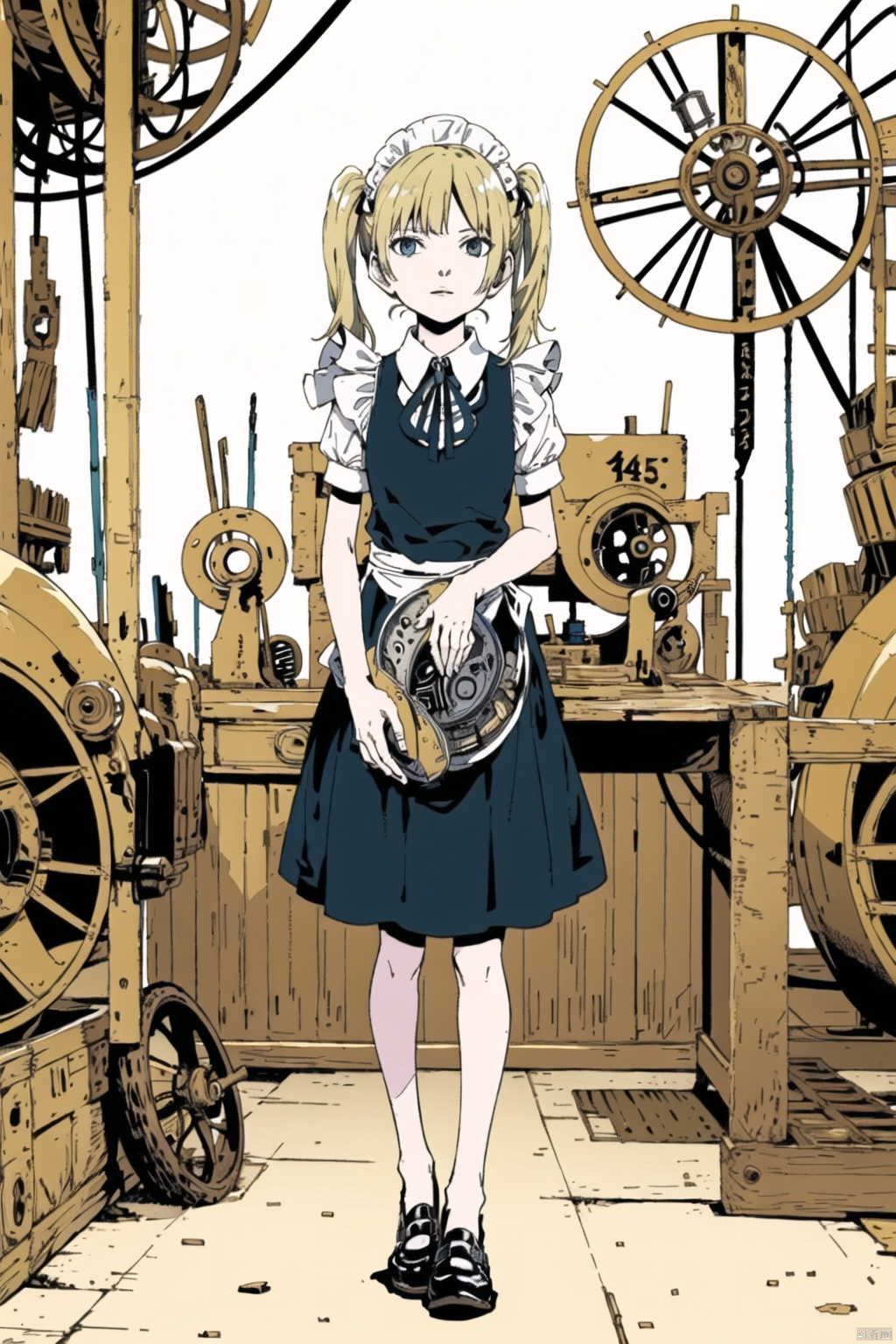  masterpiece,highres,1girl,twintails,solo,blonde, maid
outdoors,(obsolete machine:1.3),Tatsuyuki,solo, Matsumoto