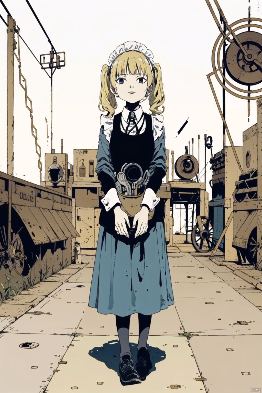  masterpiece,highres,1girl,twintails,solo,blonde, maid
outdoors,(obsolete machine:1.3),Tatsuyuki,solo, Matsumoto