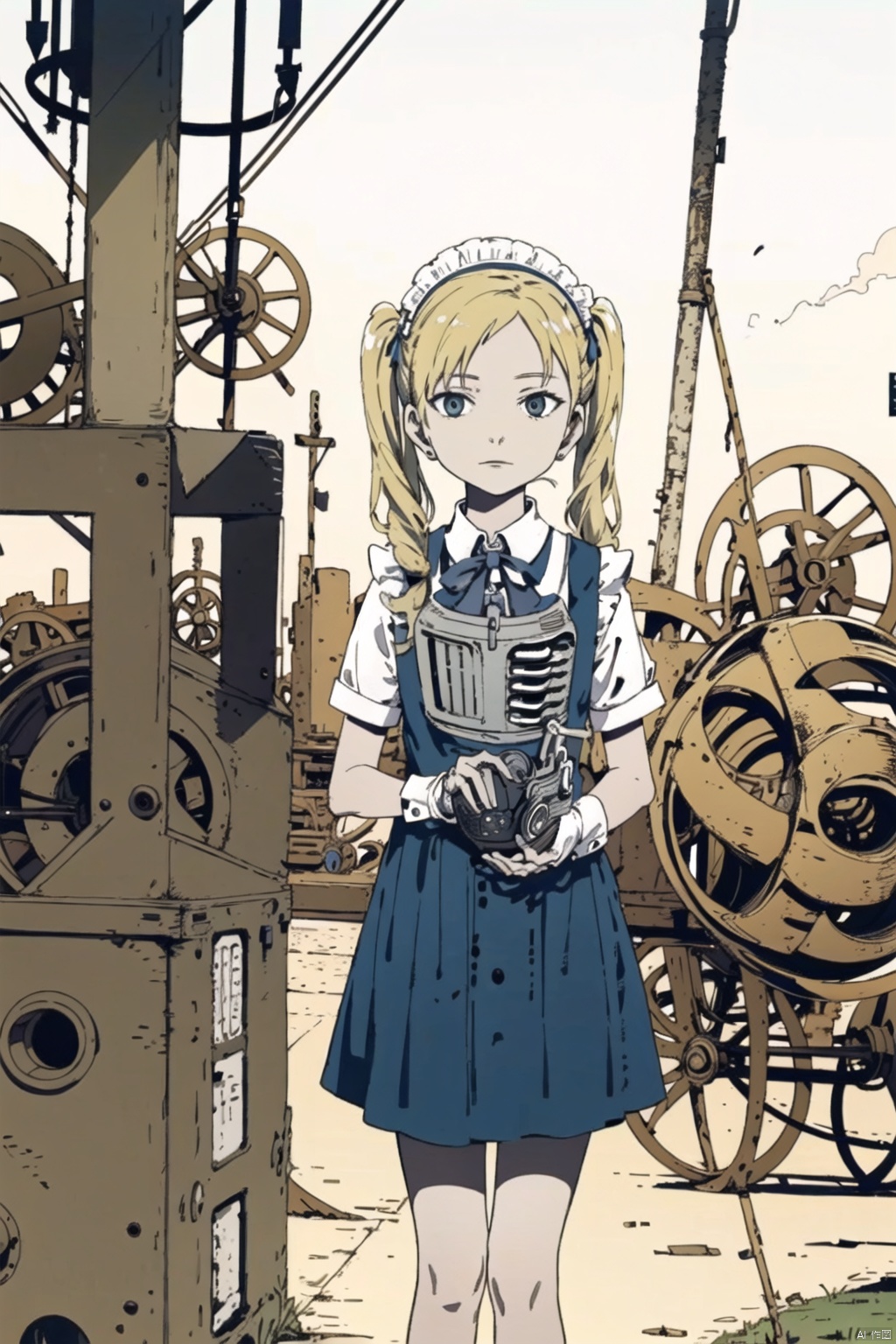  masterpiece,highres,1girl,twintails,solo,blonde, maid
outdoors,(obsolete machine:1.3),Tatsuyuki,solo, Matsumoto