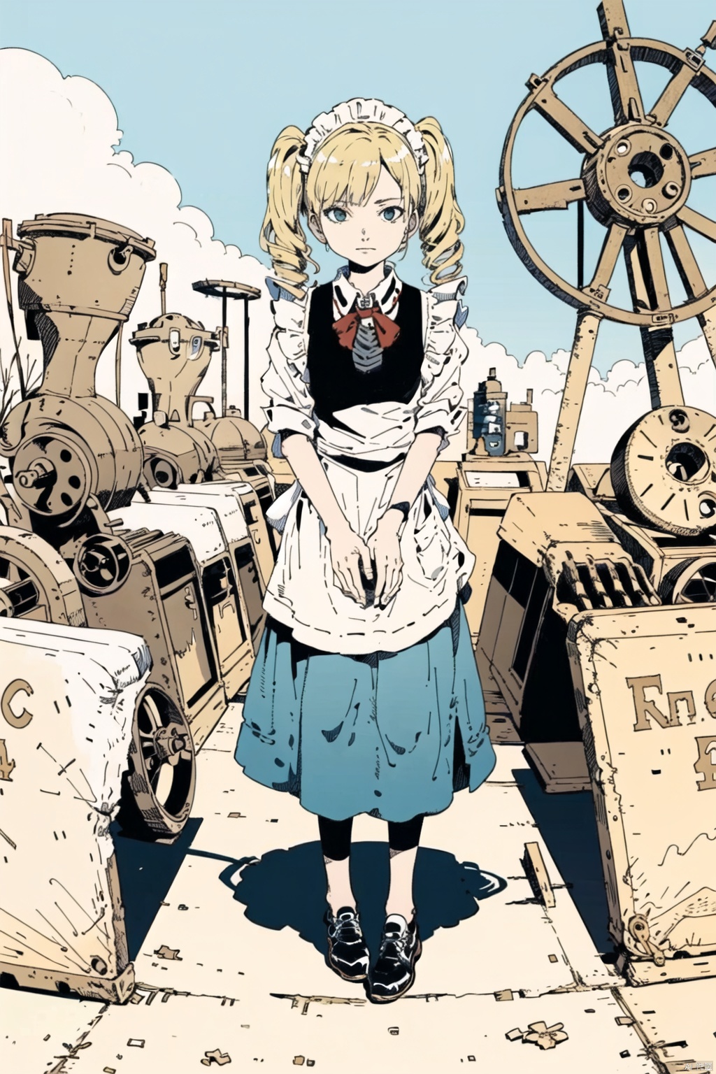  masterpiece,highres,1girl,twintails,solo,blonde, maid
outdoors,(obsolete machine:1.3),Tatsuyuki,solo, Matsumoto, Migunov
