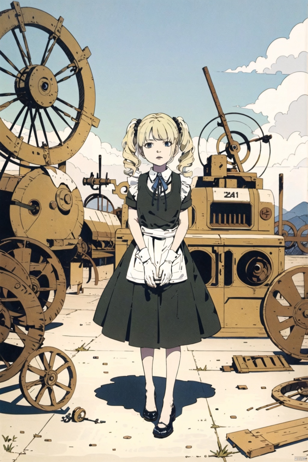 masterpiece,highres,1girl,twintails,solo,blonde, maid
outdoors,(obsolete machine:1.3),Tatsuyuki,solo, Matsumoto