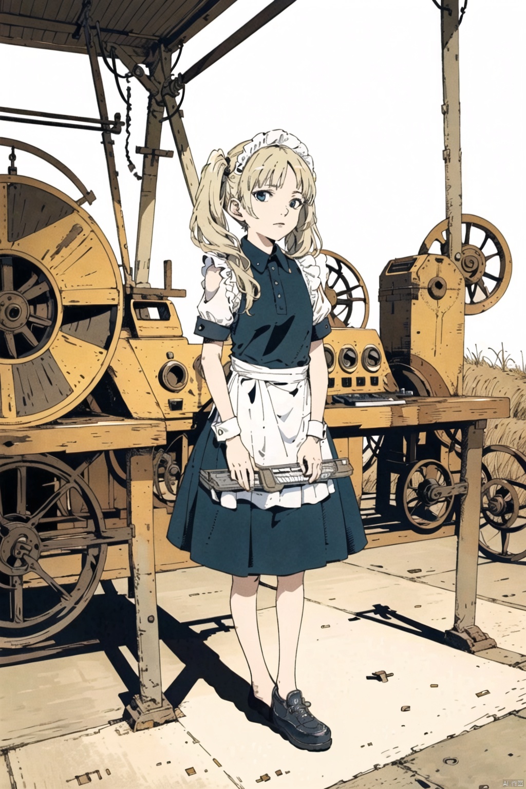 masterpiece,highres,1girl,twintails,solo,blonde, maid
outdoors,(obsolete machine:1.3),Tatsuyuki,solo, Matsumoto