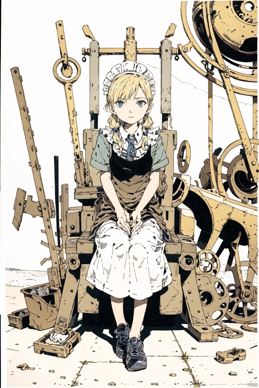  masterpiece,highres,1girl,twintails,solo,blonde, maid
outdoors,(obsolete machine:1.3),Tatsuyuki,solo, Matsumoto, Migunov