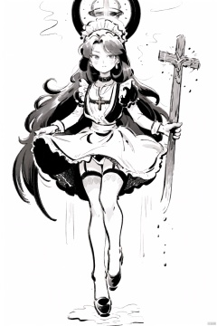  1girl,stockings, long hair, hime cut, messy hair, floating hair, halo, cross necklace, holy, divinity, shine, holy light, maid,looking at viewer,comicholic, Migunov,monocolor