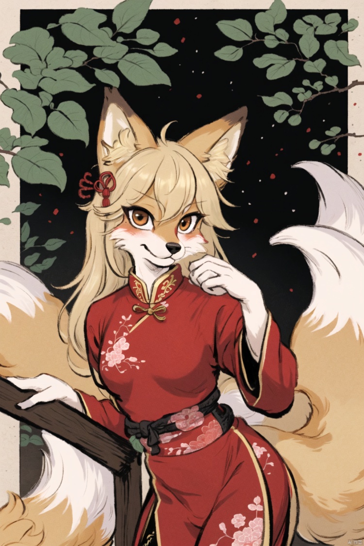  masterpiece, best quality, looking at viewer,furry fox girl,blonde,long hair,chinese clothes, hair ornament,
