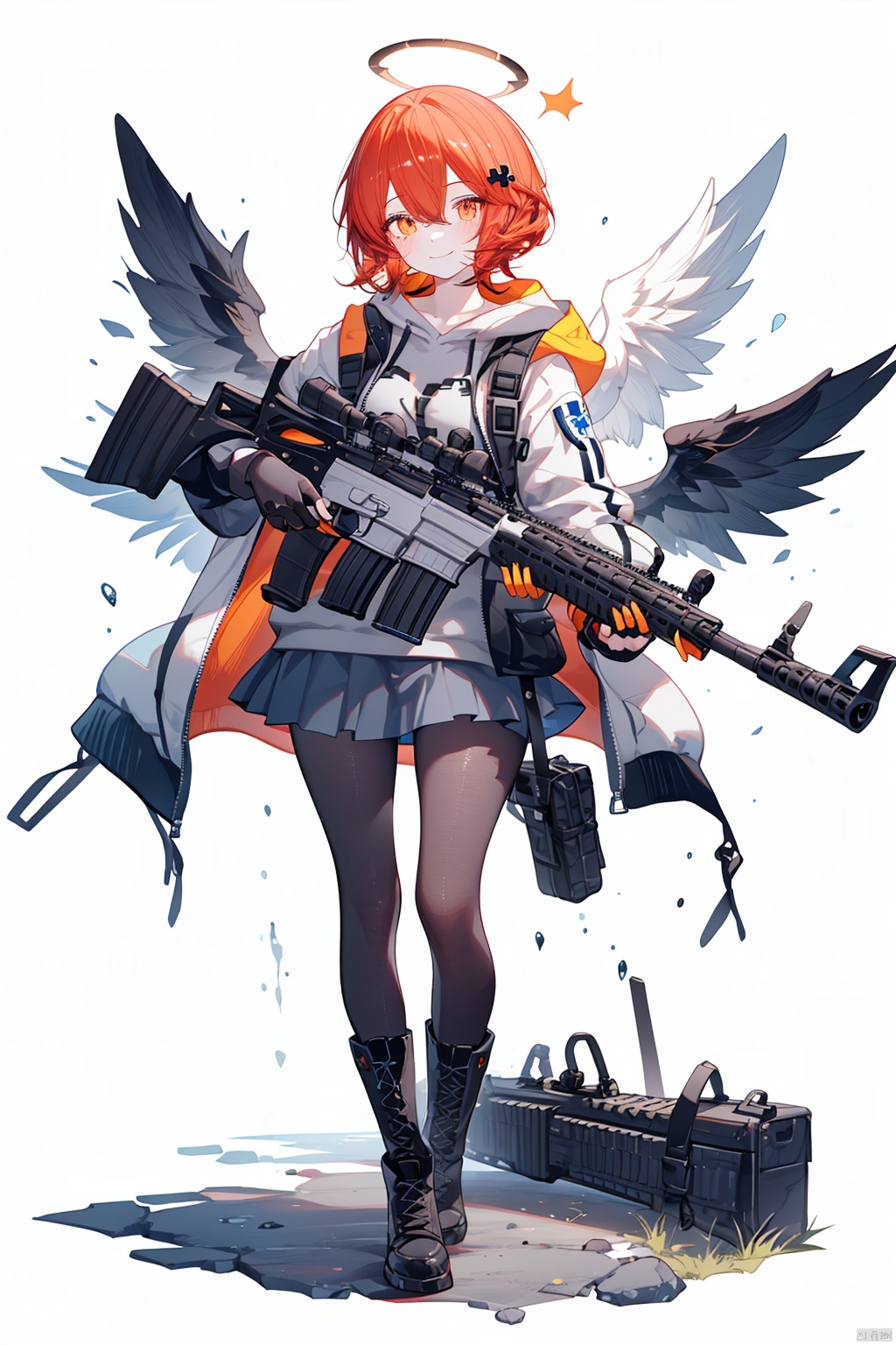 1girl, rifle, gun, weapon, assault rifle, solo, h&k hk416, exusiai \(arknights\), gloves, fingerless gloves, pantyhose, jacket, halo, black gloves, holding gun, holding, smile, white jacket, looking at viewer, black pantyhose, holding weapon, short hair, full body, red hair, grey shirt, black footwear, shirt, skirt, black skirt, open jacket, m4 carbine, battle rifle, open clothes, hair between eyes, bangs, sniper rifle, trigger discipline, hood, wings, scope, boots, closed mouth, hooded jacket, orange eyes, pouch, red eyes, white background, submachine gun, cross-laced footwear