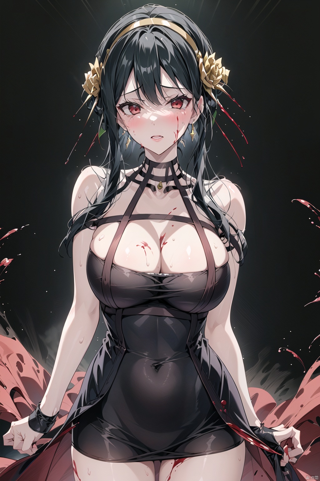  ,yor briar,1girl,hair flower,gold hairband,two-sided dress,grey background, cowboy shot, blood on face,blood,呃呃呃