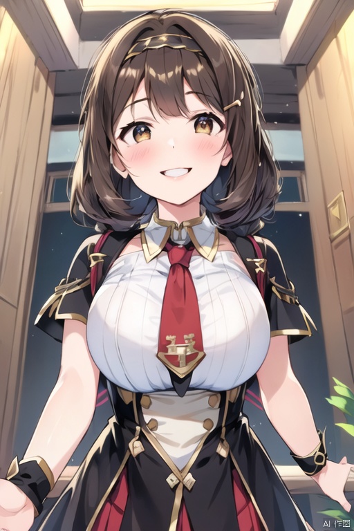 brown hair, 1girl, hair ornament, virtual youtuber, hairclip, solo, open mouth, necktie, smile, brown eyes, bangs