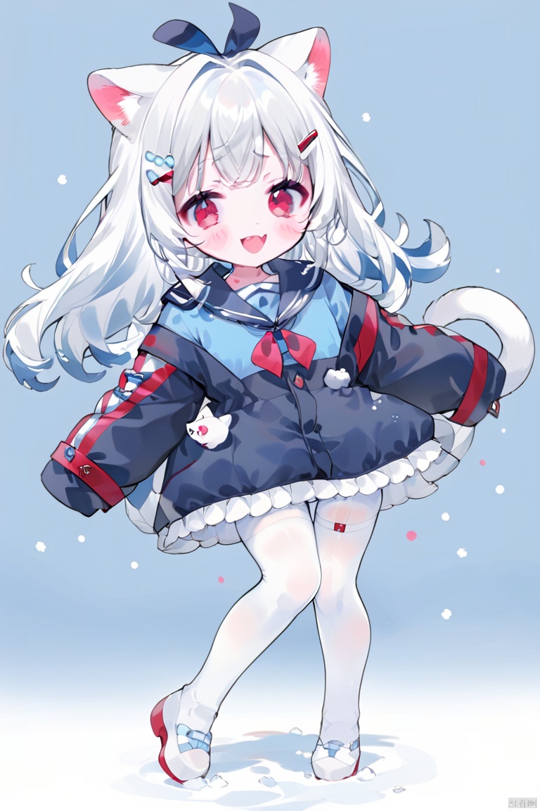  cute,Infant,solo blue shirt,blue sailor coat,loli,full body,white hair,snow leopard ear,white background,pink eyes,laugh,happy,white pantihose,white pantyhose,red armband,