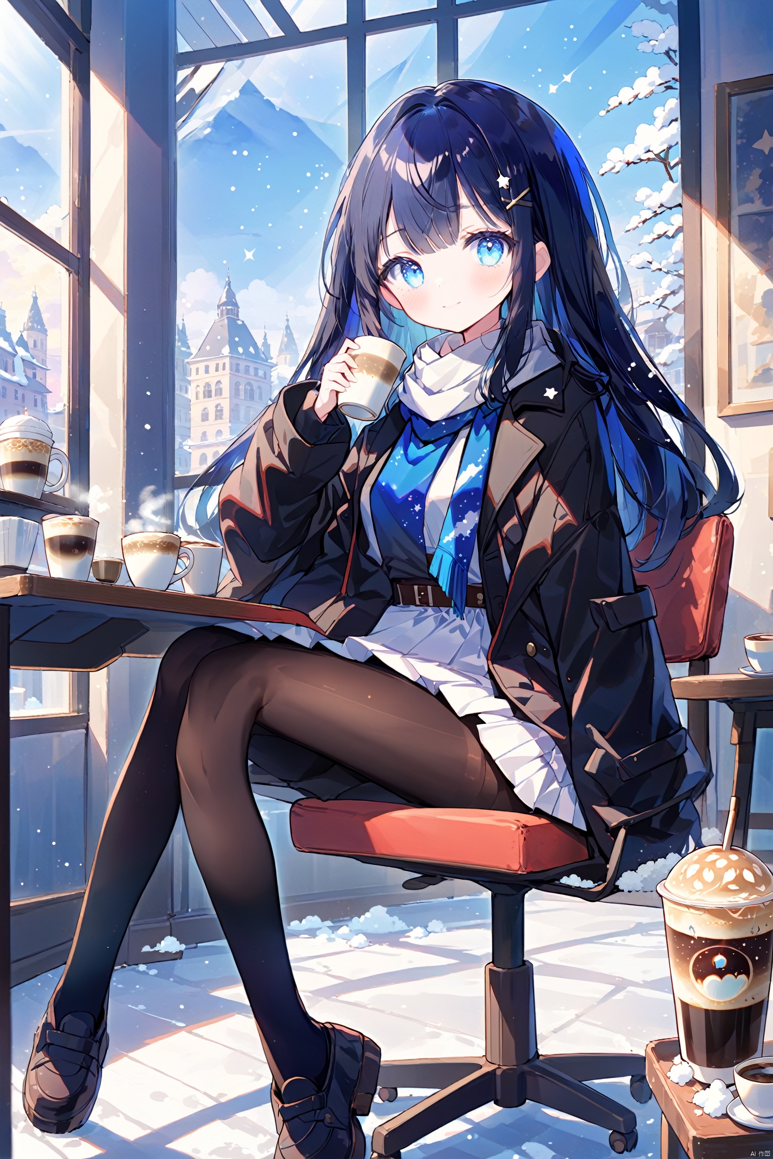  (1girl:0.6),thin,very long hair,(((dark blue hair))), (((dark blue hair))),(((dark blue hair))),(((blue eyes))),(stars in the eyes),floating hair,Starry sky adorns hair,small breasts,(black galaxy colorful coat),white lining,white skirt,socks,star hairpin,blue scarf,closed mouth,(happy),((a cup of Exothermic gas coffee)),((drinking coffee)),sitting in chair,table in front of her,classical cafe,winter,cityscape,floating snow in window,masterpiece,best quality,official art,extremely detailed CG unity 8k wallpaper,cozy anime, backlight,(wide shot:0.95),Dynamic angle, fanxing,(full body), cozy anime,pantyhose