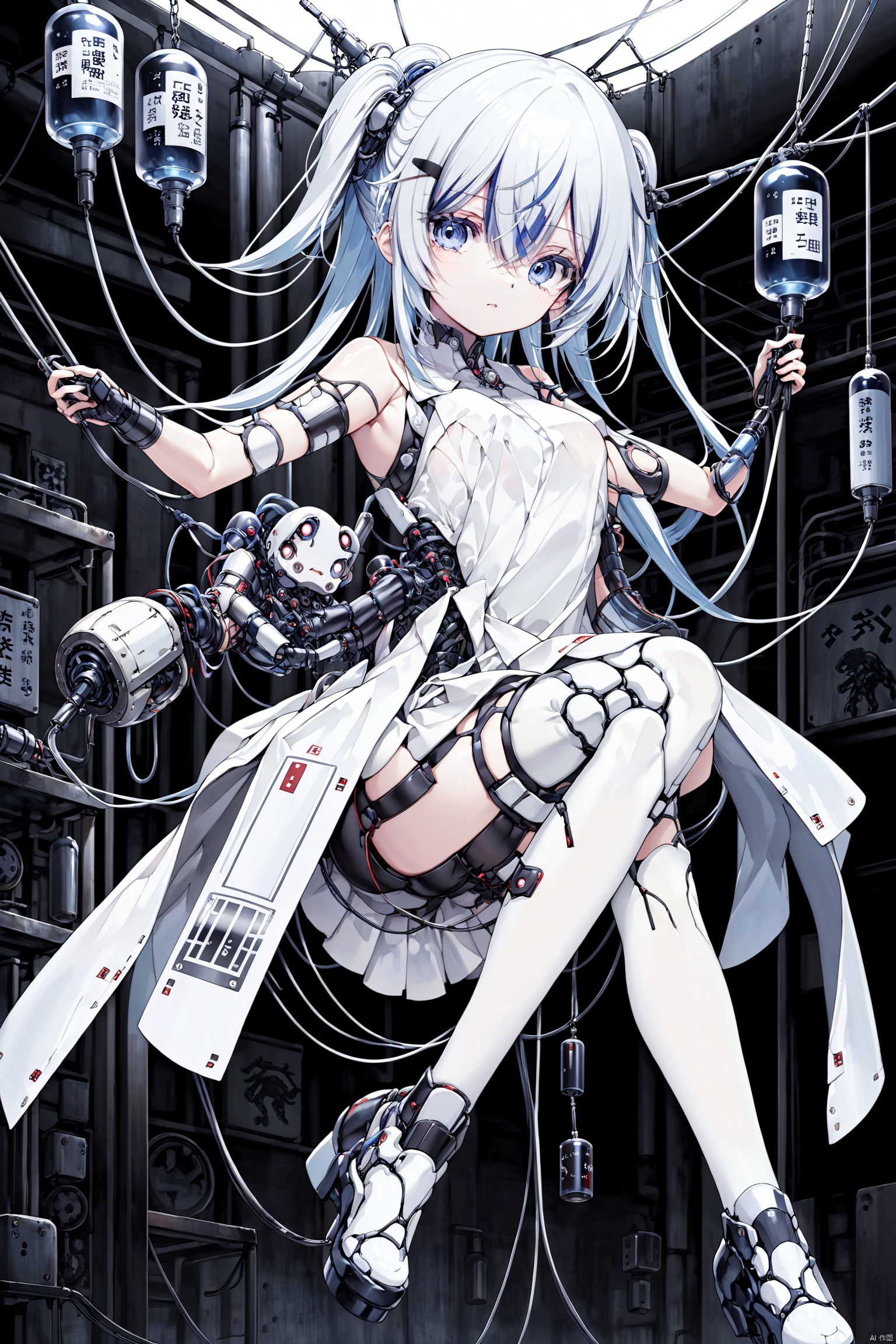  1 woman, robot cyborg
full body, hanging in the air
anime
broken maintenance
oriental
poetic
horror
ghost
tubes , wires
by
 Akihiko Yoshida
