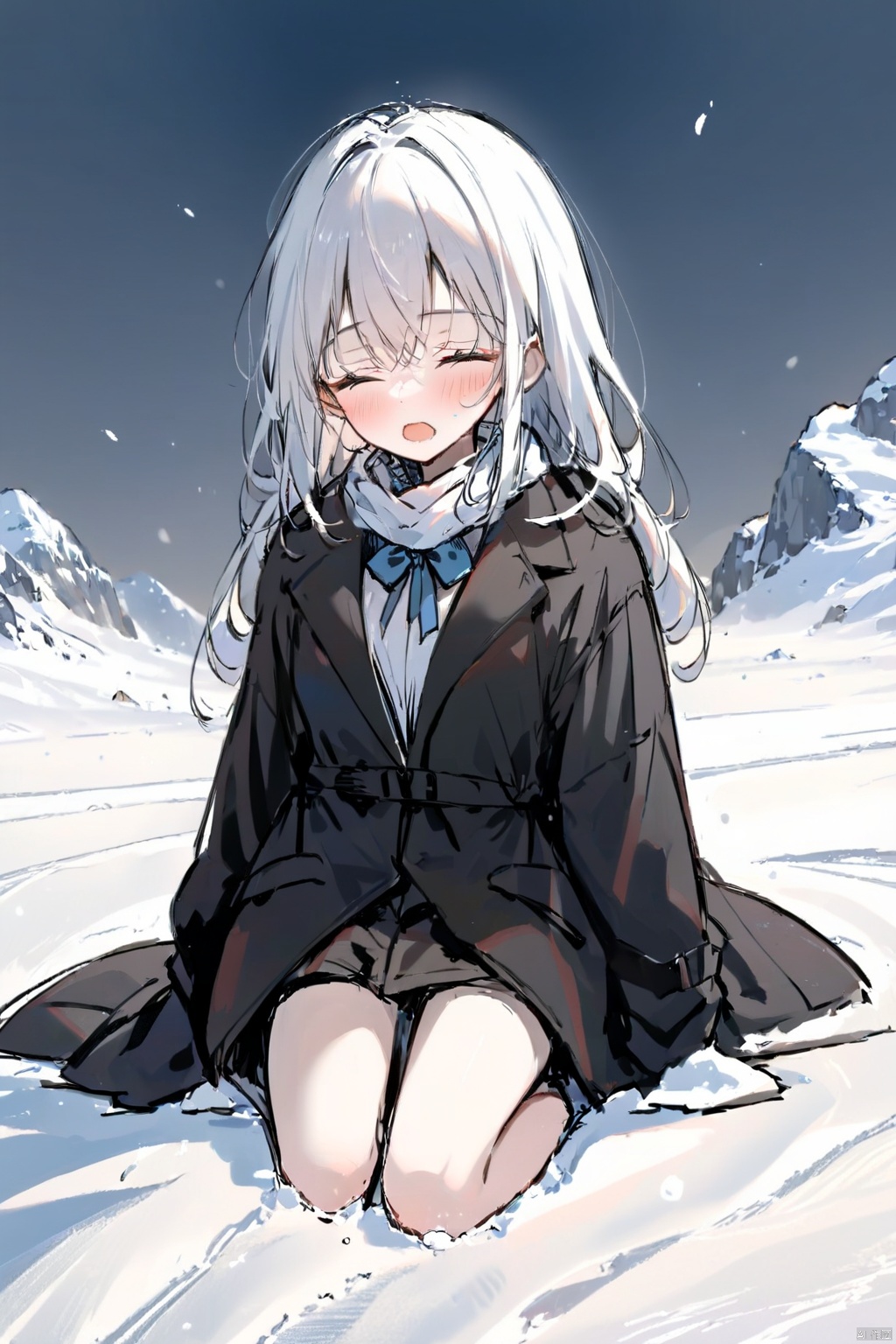  1 girl,full body,detailed face,In the snow all over the sky, a girl walking alone in the snow, wearing red thin trench coat, with a white scarf, Bare legs, bare feet, Holding her body tightly, her head bowed, her eyes closed, her mouth pressed together, and she was about to cry, Long white hair blows in the wind, The detailed and beautiful face was depressed, step by step, behind is a series of footprints, the snow is very big, the biting wind blowing her scarf, the distance is unbroken snow mountains, in this evening, helpless forward. , greyscale,sketch, monochrome, greyscale,crying, concept art, ((wlop))