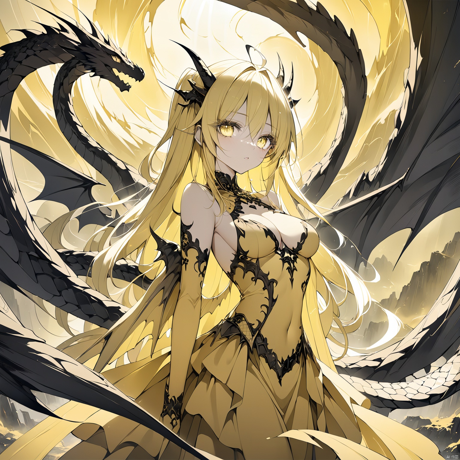 (anime art: 1.21), (dragon: 1.1), (dragon in background: 1.21), 1girl with wings on back, looking at viwer, snake eyes, (yellow theme: 1.5), (monochrome: 1.1), (ethereal beauty: 1.4), (captivating lighting: 1.2), (ethereal aura: 1.3), (mysterious ambiance: 1.2), (thunder in the distance: 1.2), (fantasy art: 1.3), (ethereal scene: 1.3), , masterpiece,best quality,8k,insane details,intricate details,high detail,((masterpiece)), ((best quality))<lora:EMS-260925-EMS:0.500000>