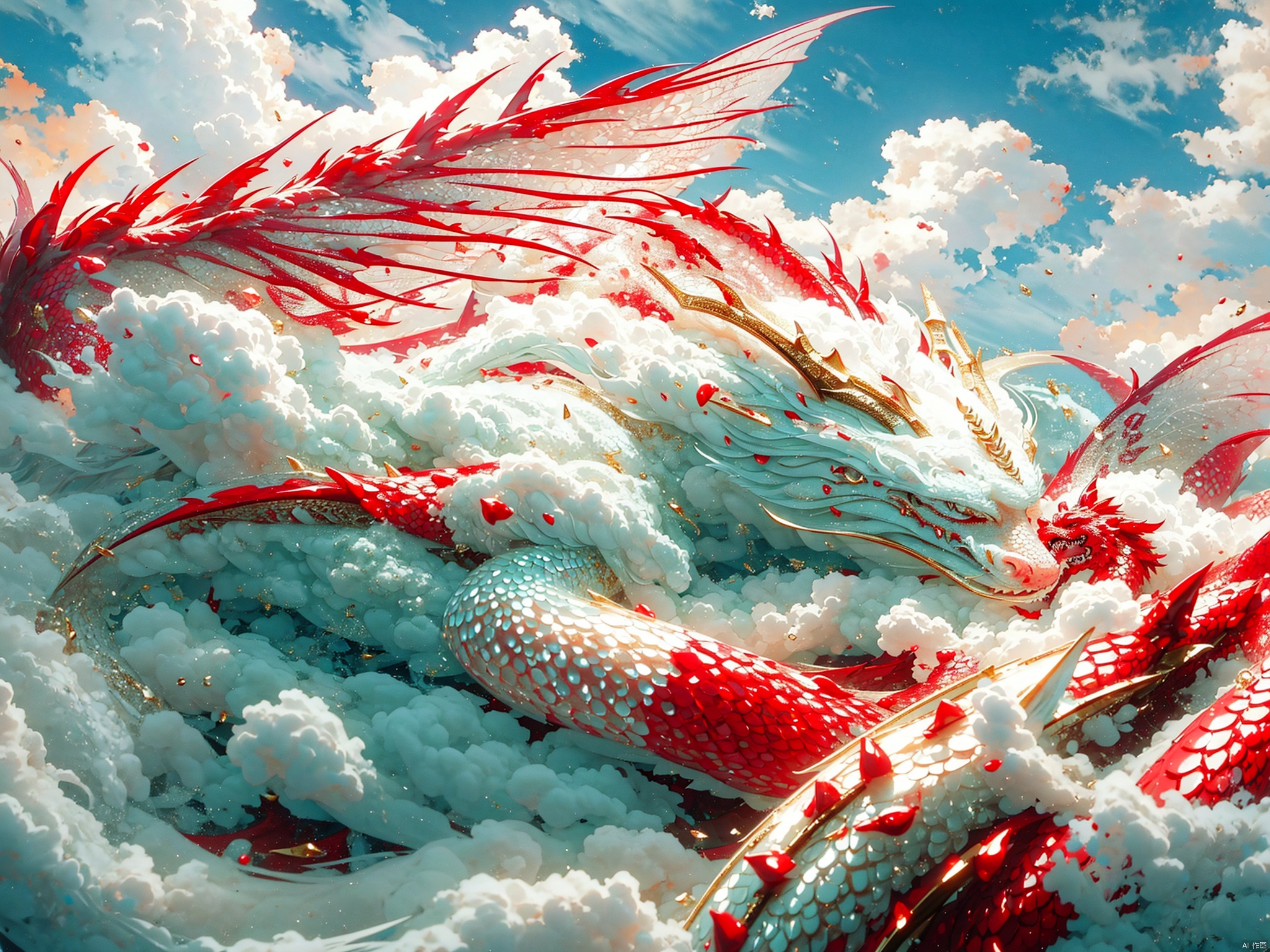  Chinese dragon,Chinese dragon sleeping on clouds, translucent glass, with pearlescent scales with subtle elements of fantasy and magical realism, zbrush, loong, ruby and gold style, anime aesthetics, furry art, red and white, elaborate, c4d rendering, super high detail, 3d, ultra fine detail, photo realistic