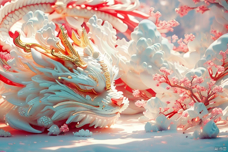  Chinese dragon,Chinese dragon sleeping on clouds, translucent glass, with pearlescent scales with subtle elements of fantasy and magical realism, zbrush, loong, ruby and gold style, anime aesthetics, furry art, red and white, elaborate, c4d rendering, super high detail, 3d, ultra fine detail, photo realistic