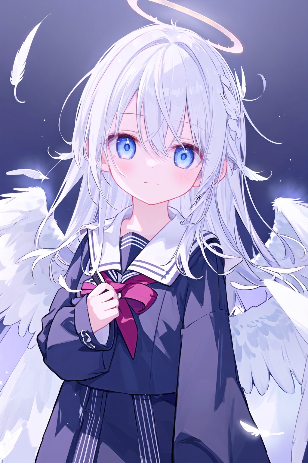 1girl,solo,halo,long hair,wings,looking at viewer,blue eyes,white hair,closed mouth,bangs,upper body,angel,white wings,looking to the side,black background,angel wings,sailor collar,hair between eyes,feathered wings,hair accessories,