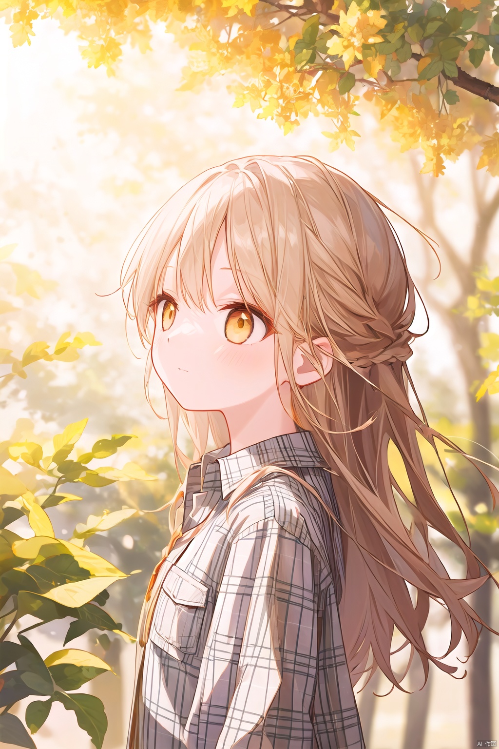  Illustration, vine, a girl, long linen hair, golden eyes, plaid shirt, raised head, side view, sideways, upper body, sunlight, Dundar effect