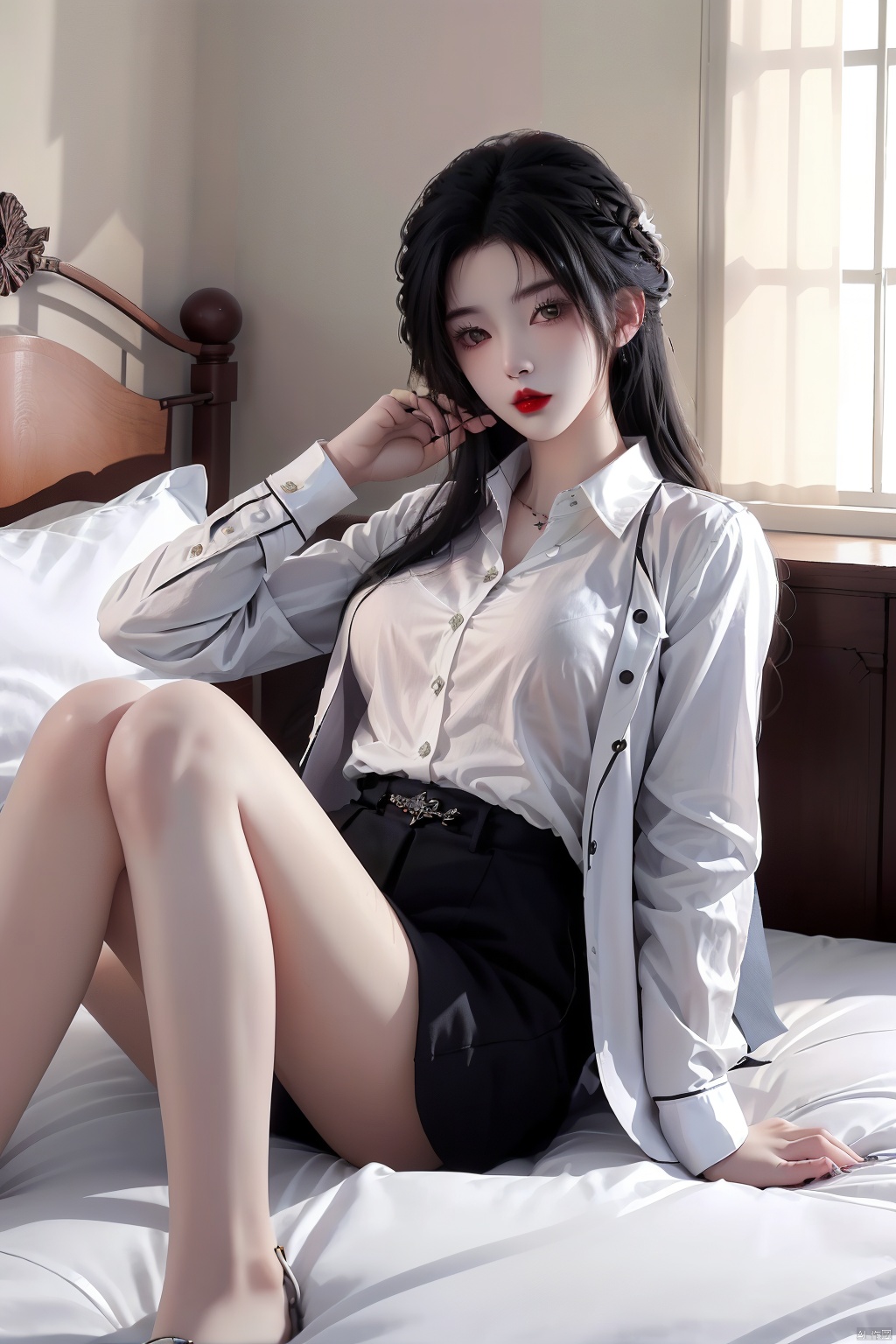 1girl, solo, shirt, black hair, long hair, red lips, looking at viewer, white shirt, bed, on bed, jacket, indoors, sitting, pillow, collared shirt