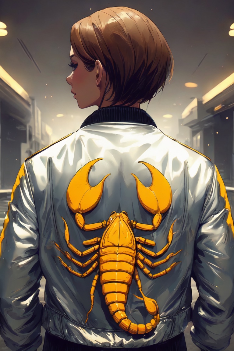Silver jacket,  yellow Scorpion in the back,  ochaco_uraraka on Tensor.Art
